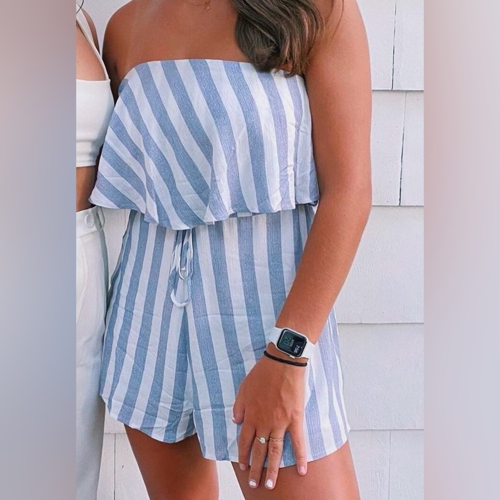 strapless romper. size large. blue and white striped.